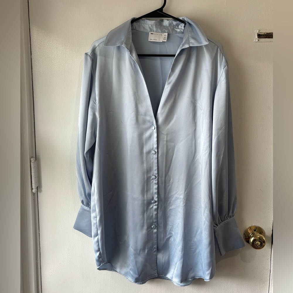 ASOS | SIZE 8 | PETITE SLOUCHY SATIN PLUNGE SHIRT MINIDRESS ICE BLUE